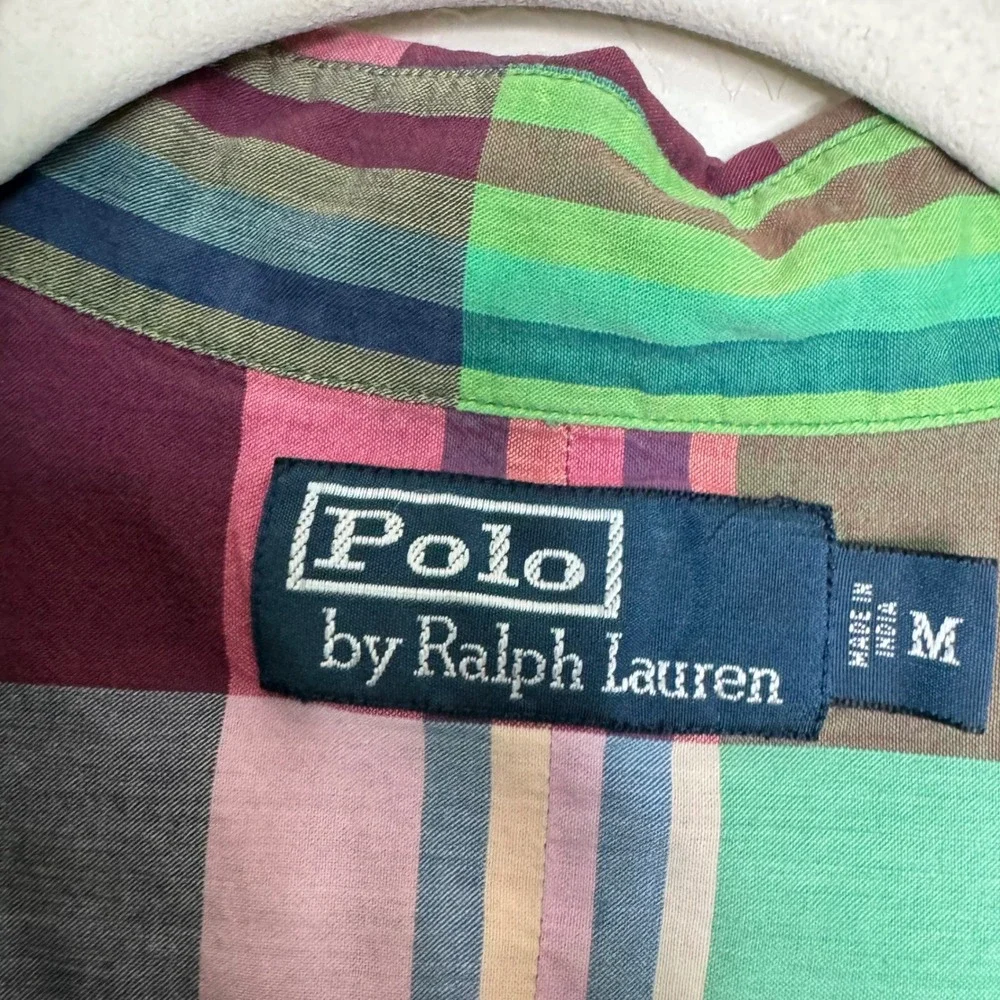 Polo Ralph Lauren Mens Cotton Shirt M Green Plaid Short Sleeve Madras Preppy